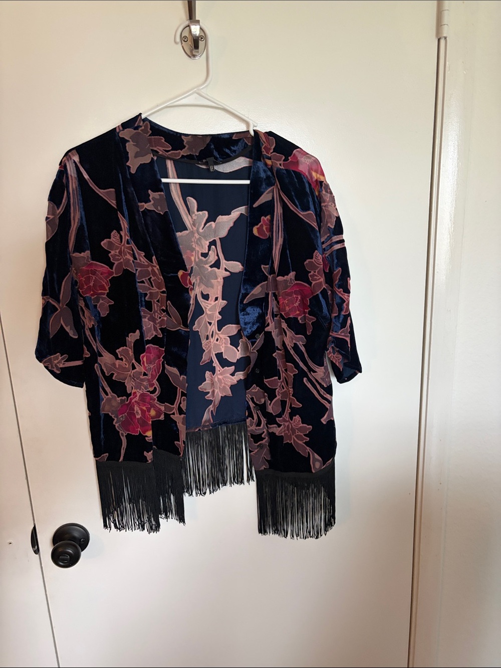 Buffalo David Bitton Navy Velvet Floral Fringe Open Jacket